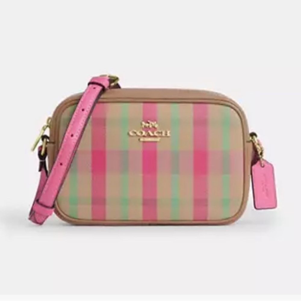 🌸 Coach NWT Mini‎ Jamie Camera Bag With Pink Plaid Print and Gold Hardware